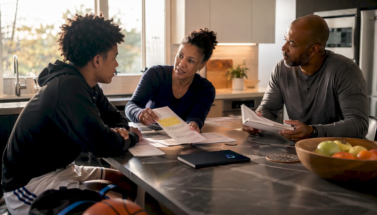 Family discussing basketball recruiting plan