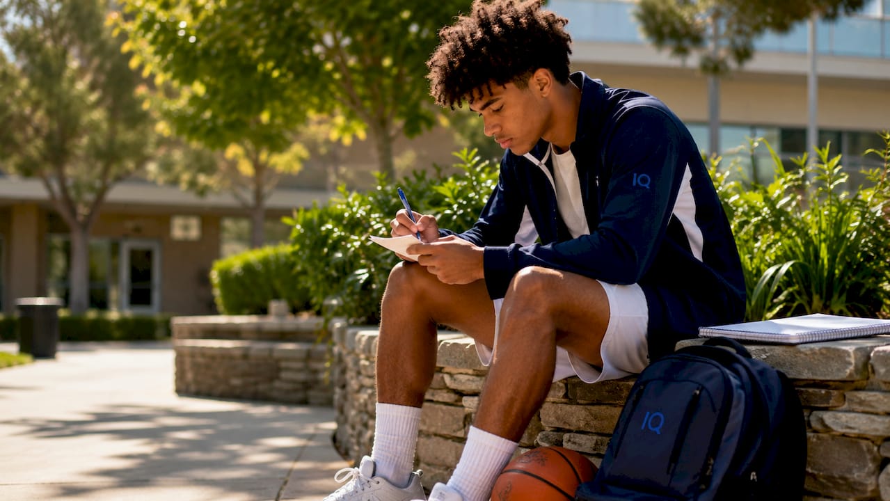 Player writing letter to coach in gym hallway