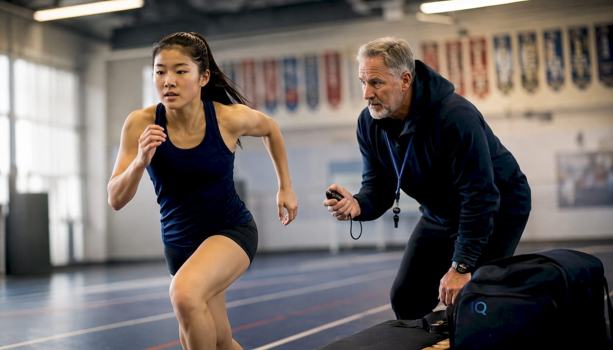 Coach assessing athlete’s physical traits outdoors
