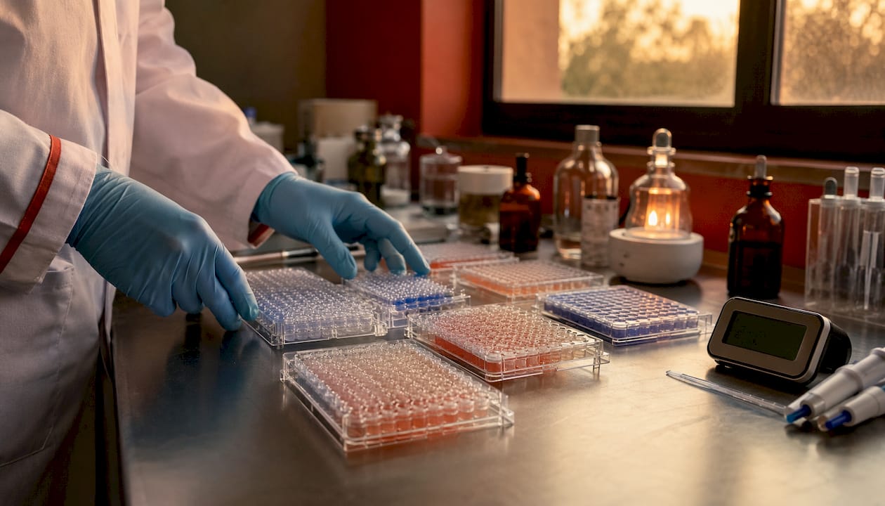 En el laboratorio, manos protegidas con guantes manipulan microplacas con precisión.