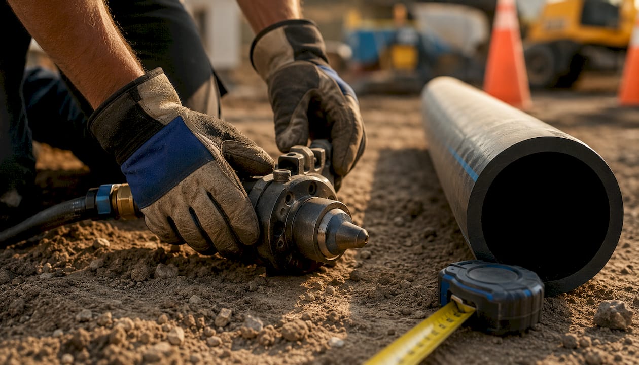 Technician handling pipe bursting tool and HDPE pipe