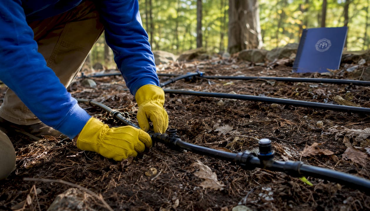Close-up of drip distribution septic tubing with gloved hand