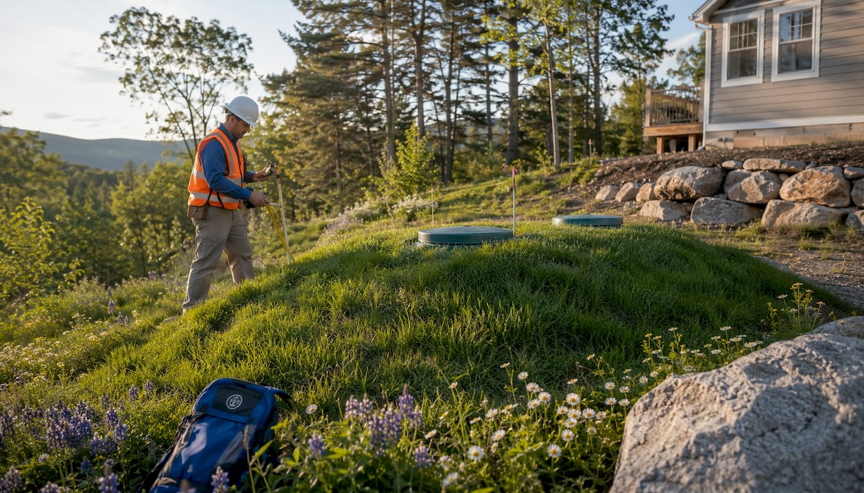 Mound system installation with site evaluator on wooded property
