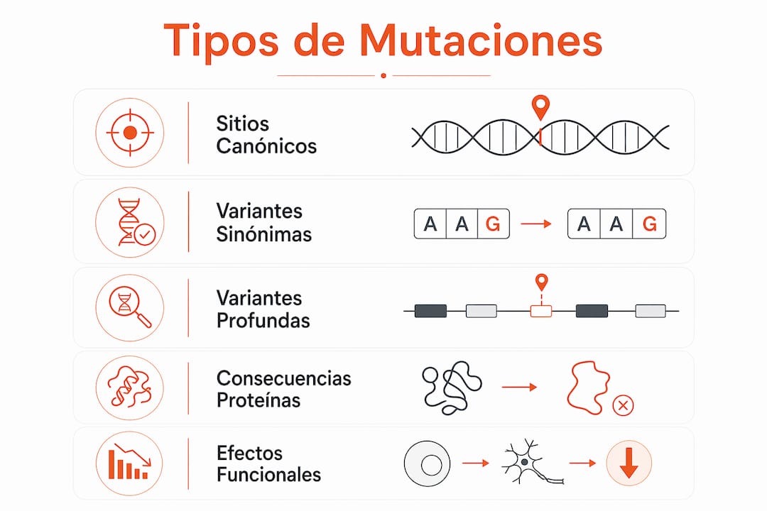Infografía sobre los diferentes tipos de mutaciones en el empalme génico y su impacto en la función de las proteínas