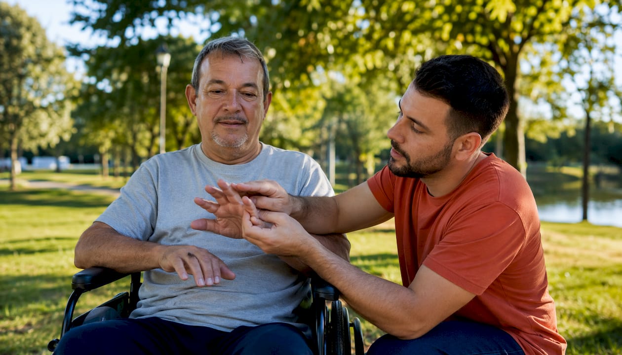 Fisioterapeuta auxiliando paciente com distúrbio muscular durante os exercícios