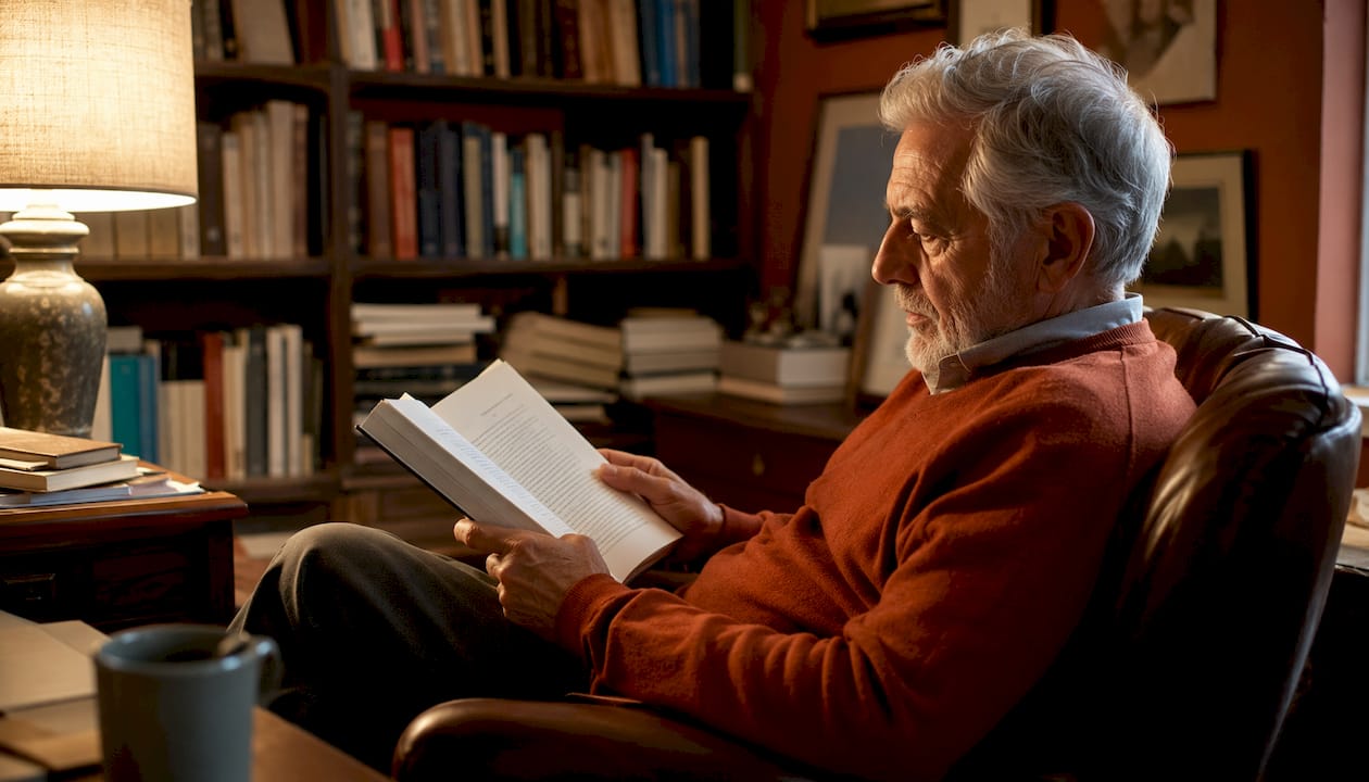 Señor de edad leyendo en casa un folleto informativo sobre enfermedades poco comunes.