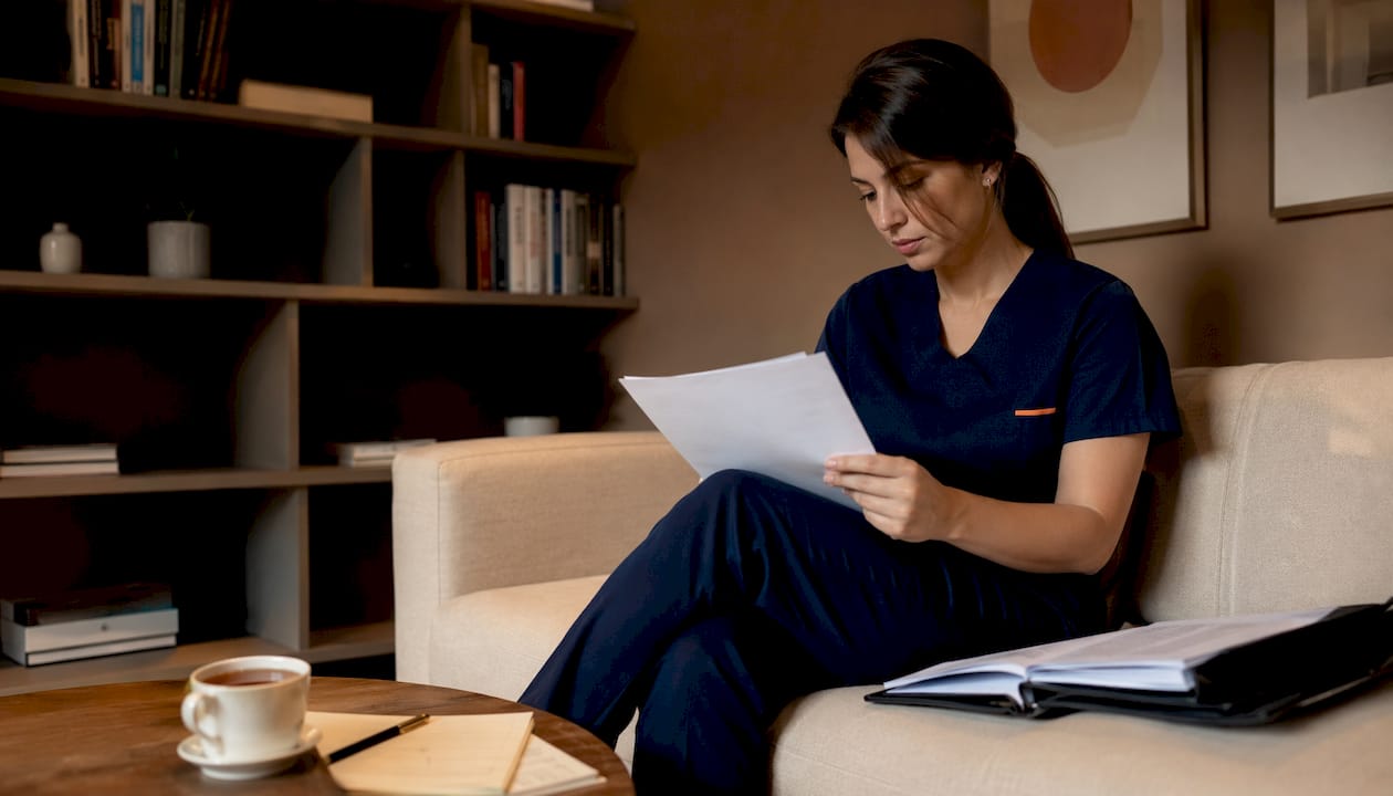Enfermeira analisando os laudos dos pacientes