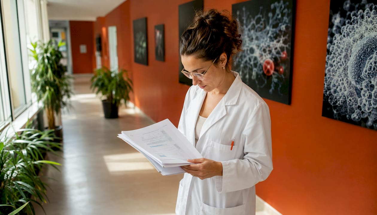 Un médecin hospitalier en train d’analyser le dossier médical d’un patient.