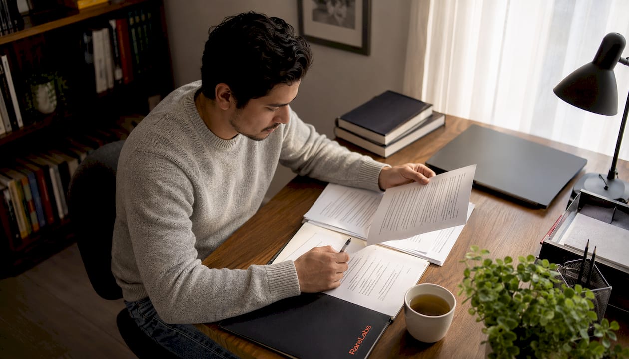 Man reading health law documents at home
