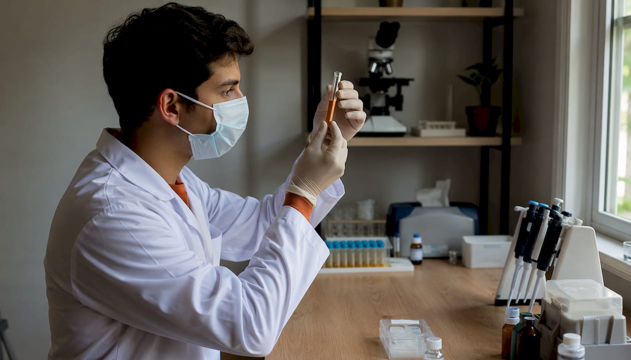 Profissional de laboratório manipulando uma amostra de células