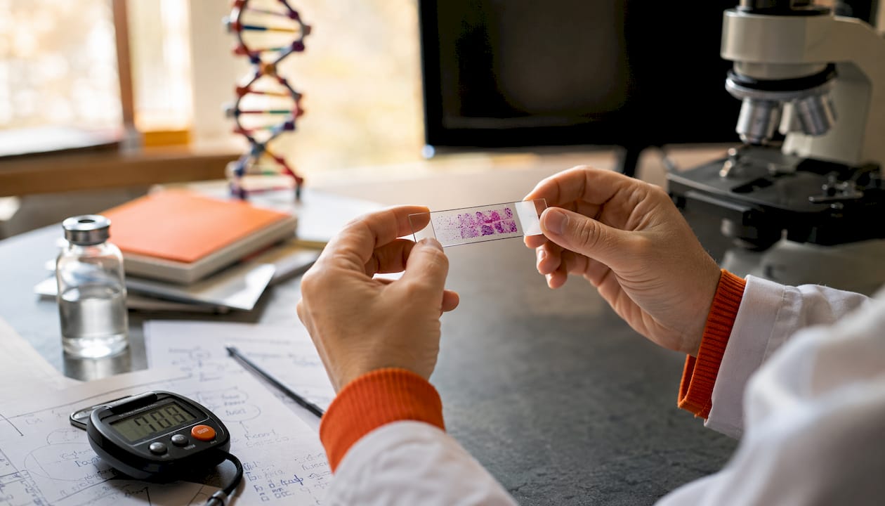 Pesquisador segura uma lâmina de microscópio com amostra de CFTR no laboratório.