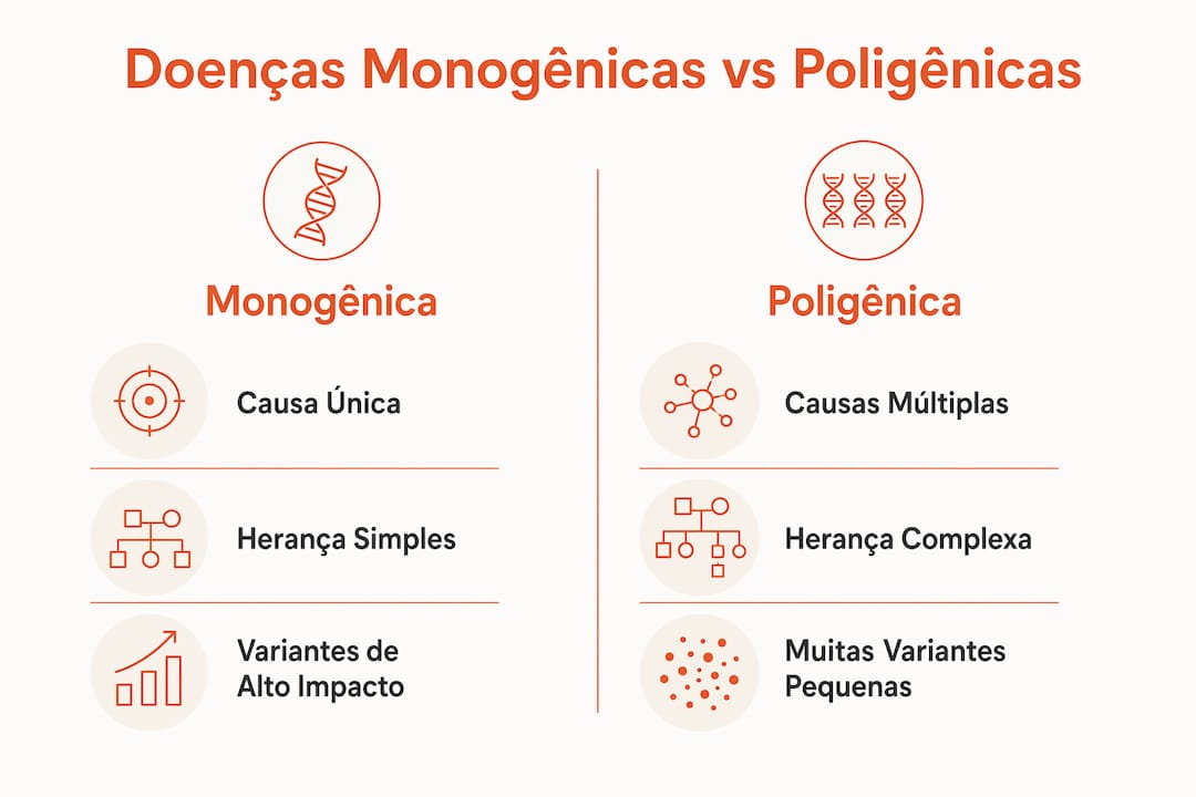 Visual interativo mostrando as principais diferenças entre doenças causadas por um único gene e aquelas que envolvem vários genes