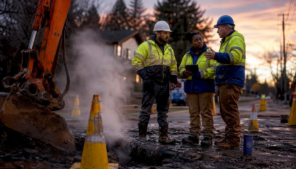 Construction workers responding to utility strike accident outdoors