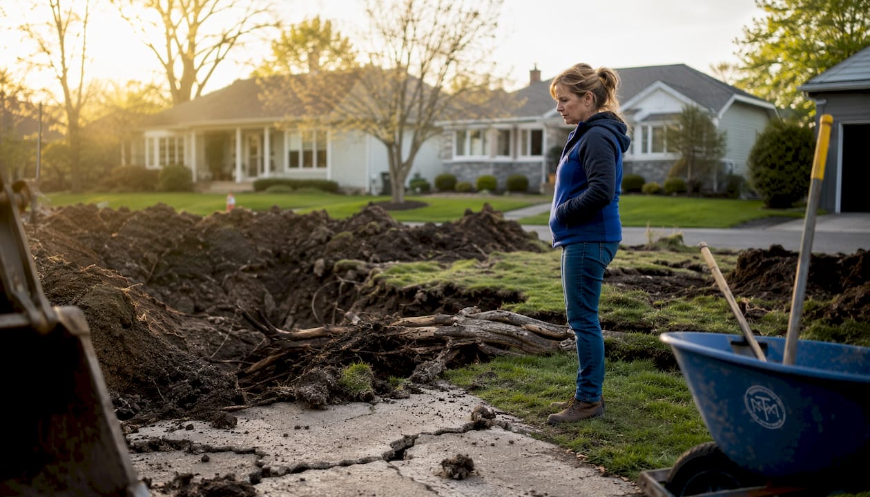 Woman inspecting landscape damage caused by excavation equipment