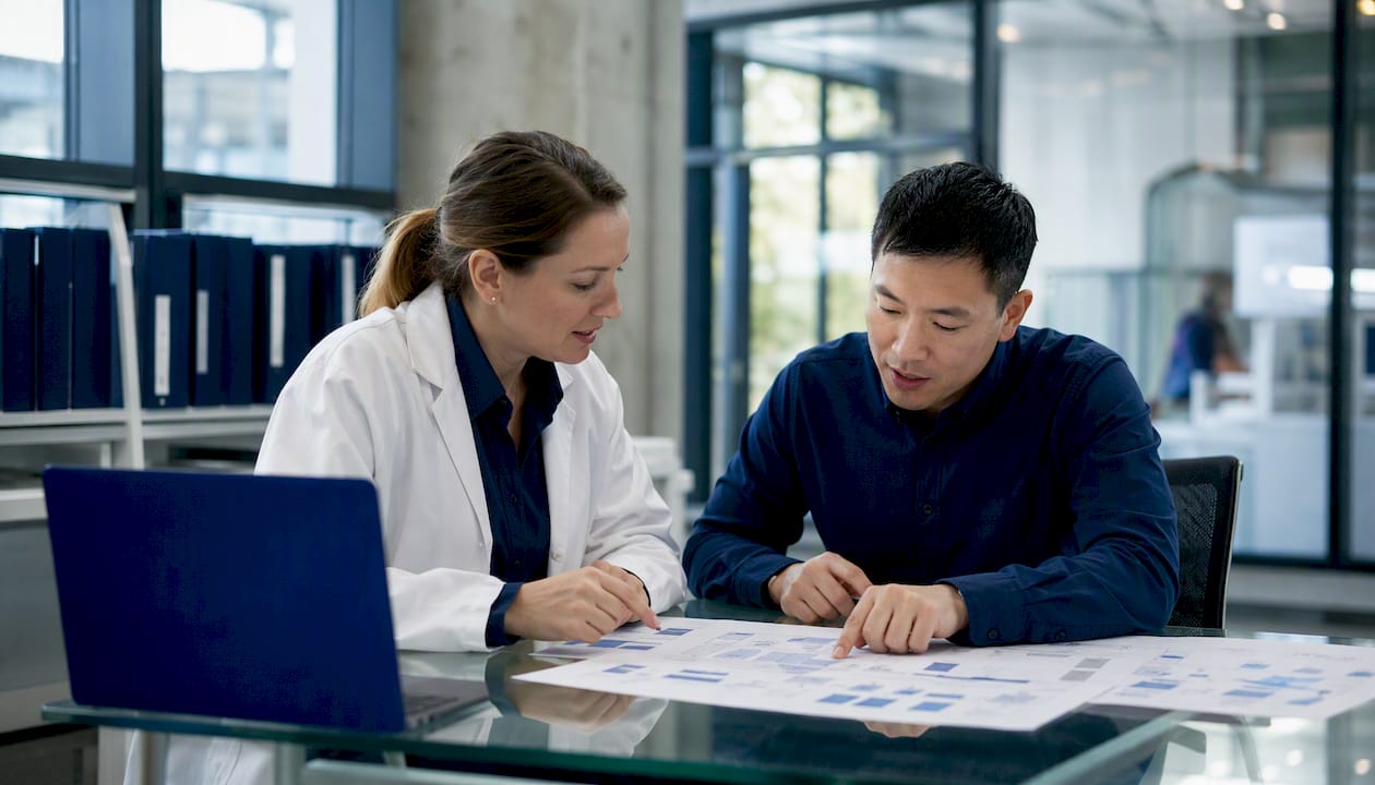 Hands coordinating biotech AI partnership workflow