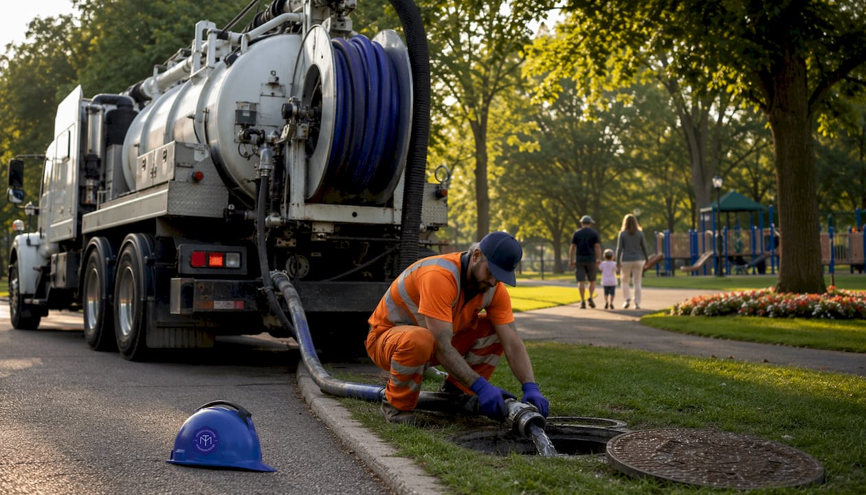 Technician setting up hydro-jetting truck for drain cleaning