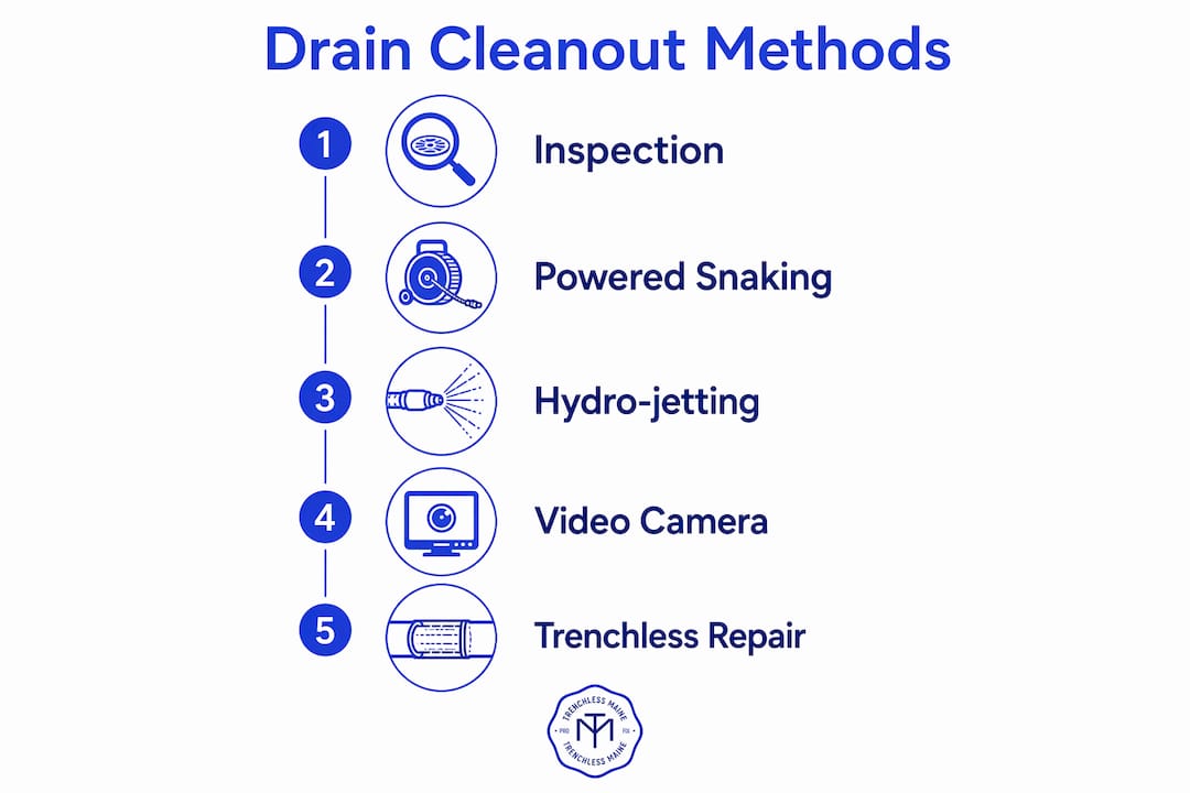 Infographic illustrating drain cleanout methods in steps