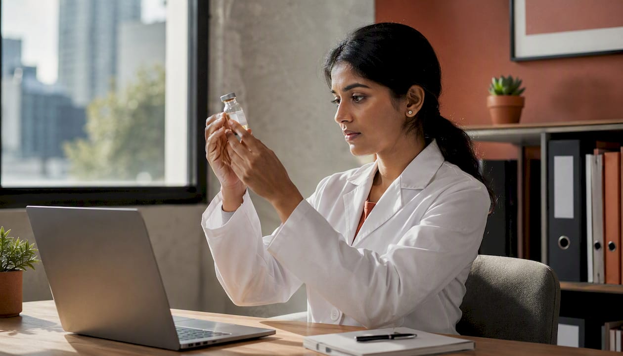Clinician handling gene therapy vial and data