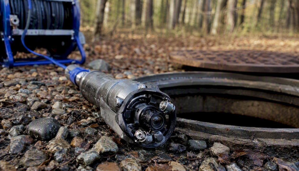 Close-up of HD sewer camera head by manhole