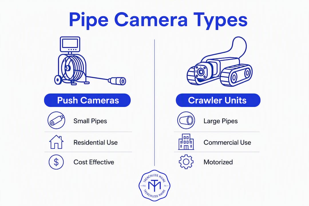 Infographic comparing push cameras and crawler units for pipe inspection