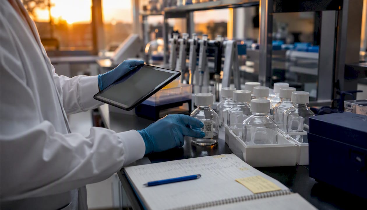 Hands using tablet in biotech lab workflow