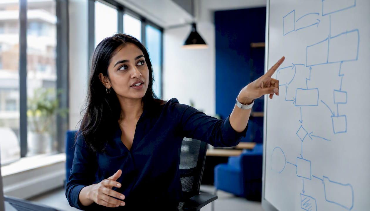 Hands pointing to AI workflow diagram on desk