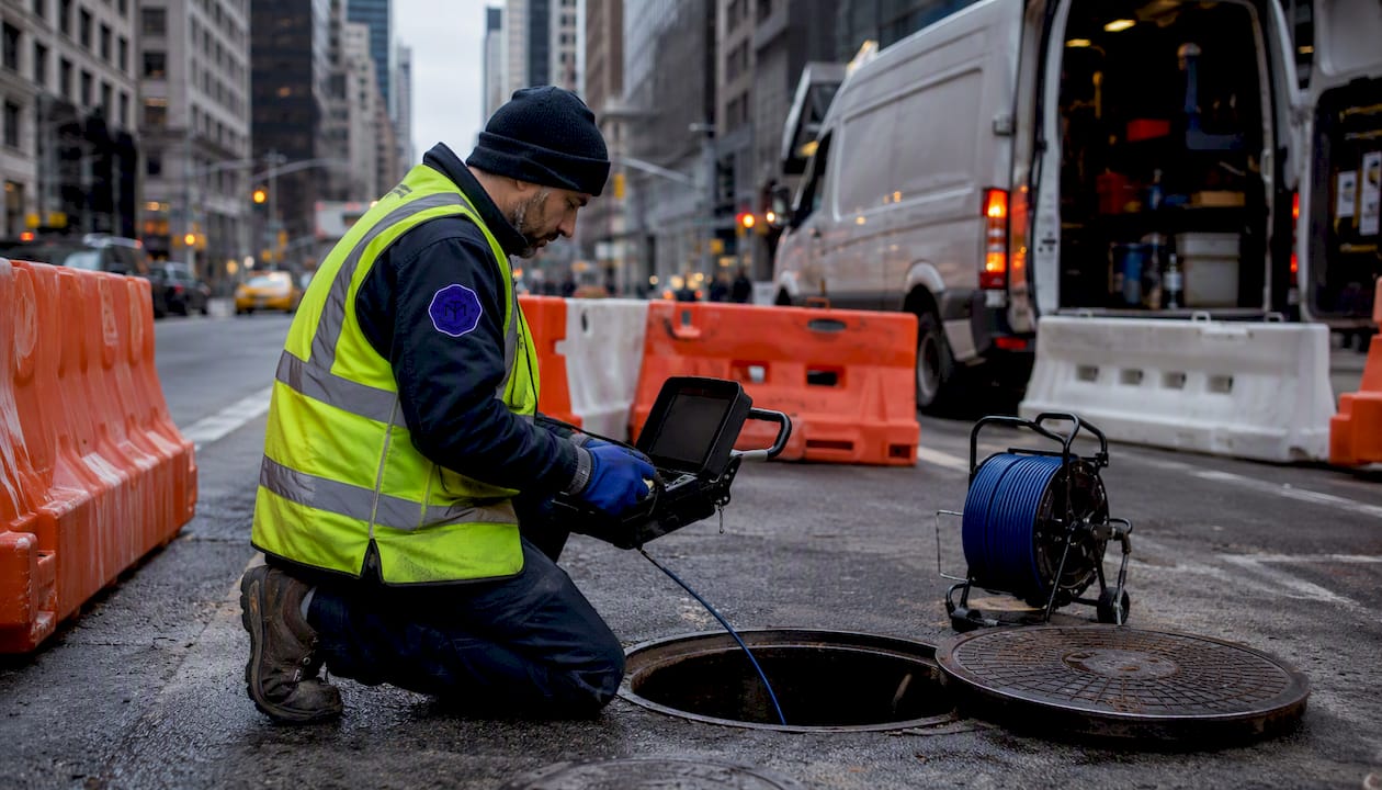 Technician using sewer inspection camera outdoors