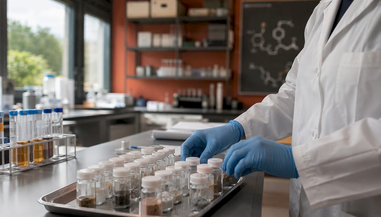 Personal manipulando tubos de ensayo en un laboratorio donde se fomenta el trabajo en equipo.