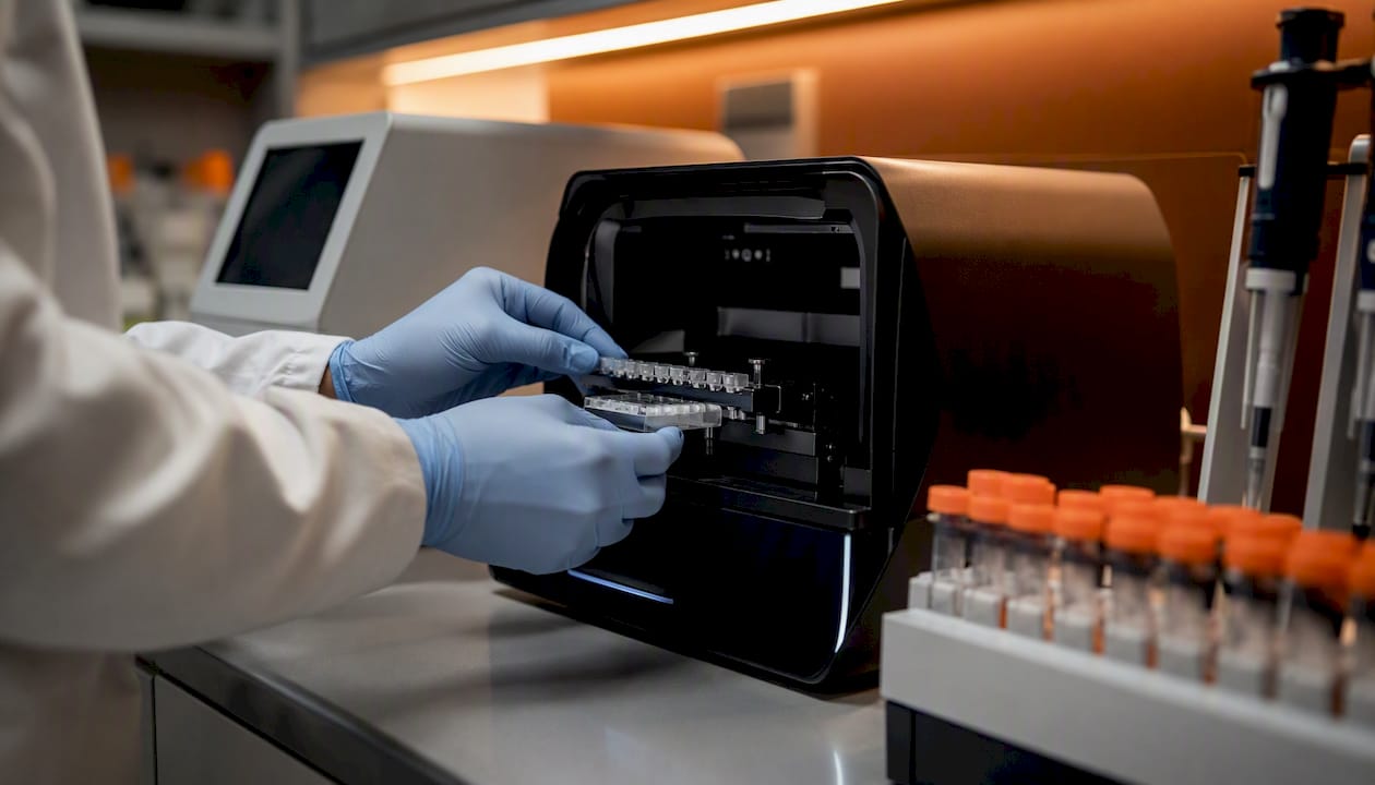 Hands loading sequencing samples on bench