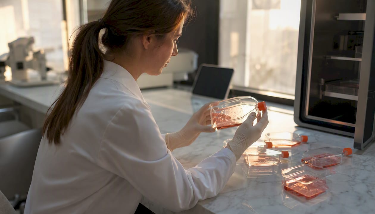 Des mains gantées manipulent des flacons de culture cellulaire modifiés par CRISPR.