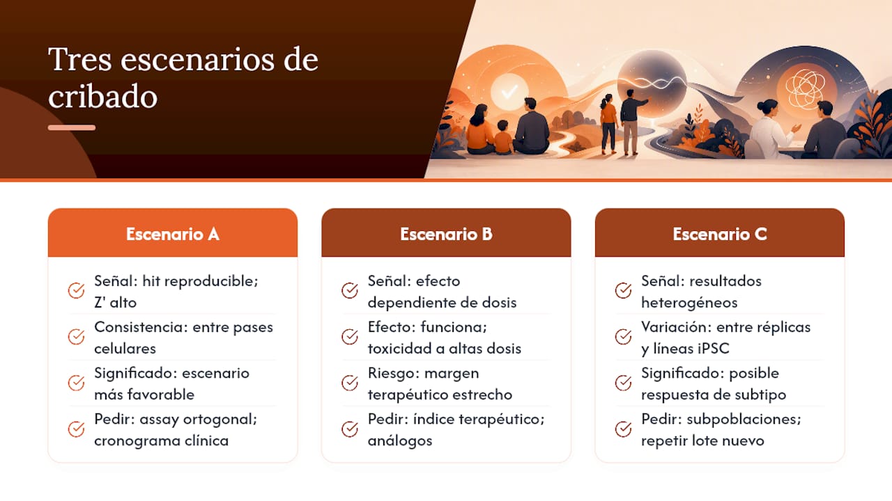 Ilustración de tres posibles escenarios en los resultados de pruebas de cribado