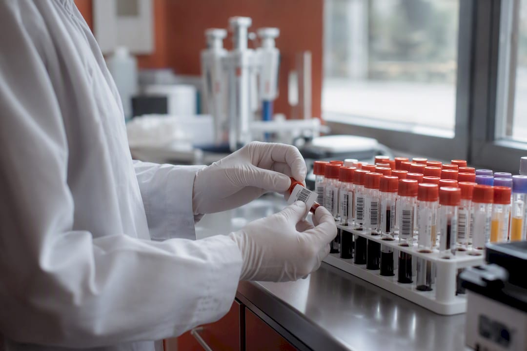 Manos organizando tubos de muestras clínicas con metadatos