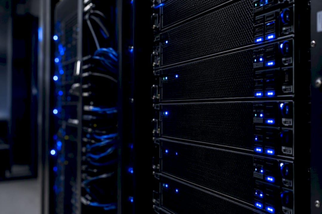 Biotech server racks with blue lights