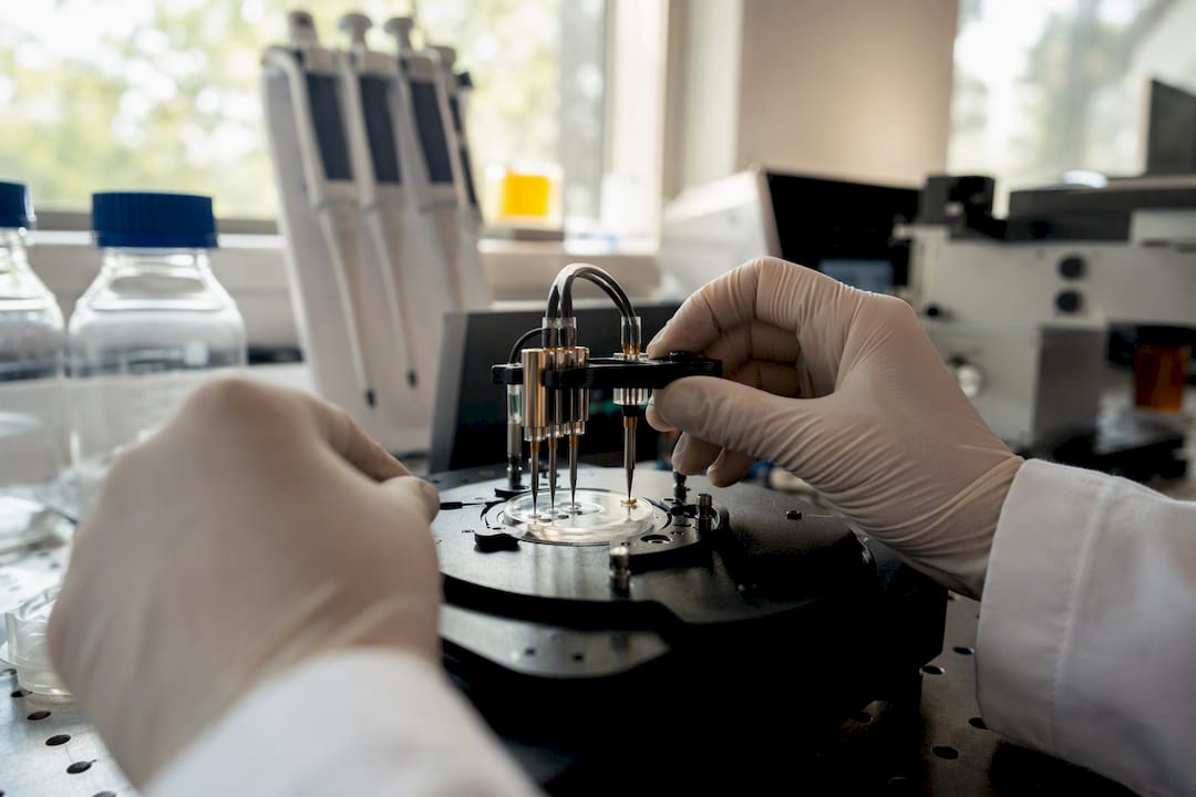 Hands preparing MEA assay with neurons