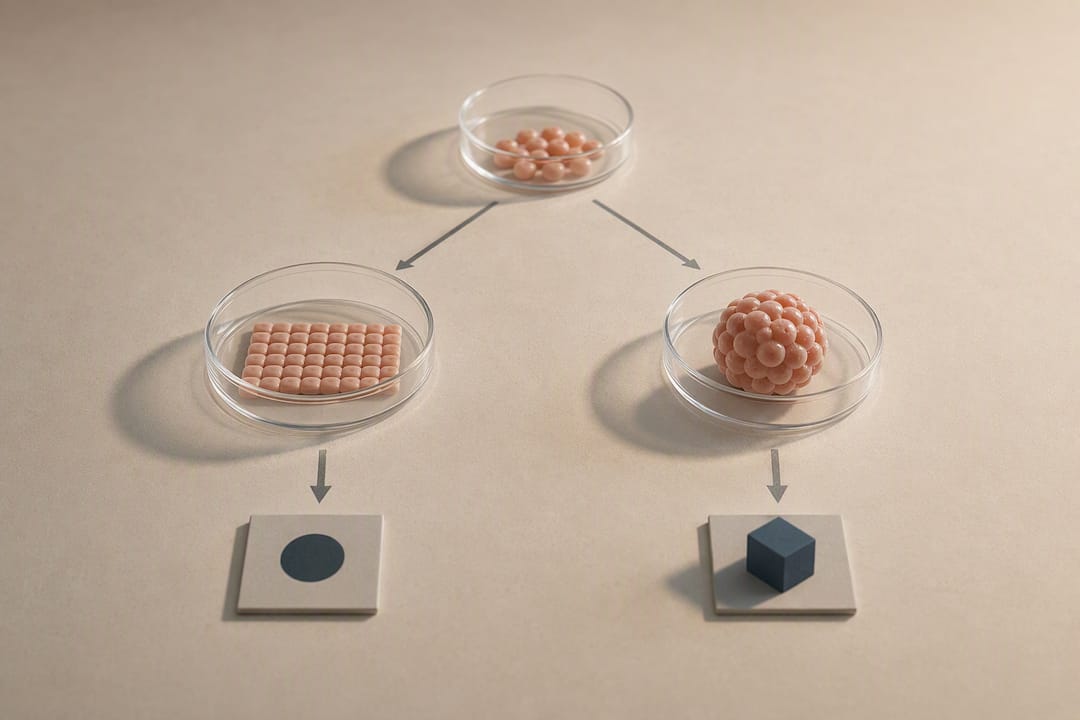 Comparación visual entre cultivo celular en 2D y organoide en 3D