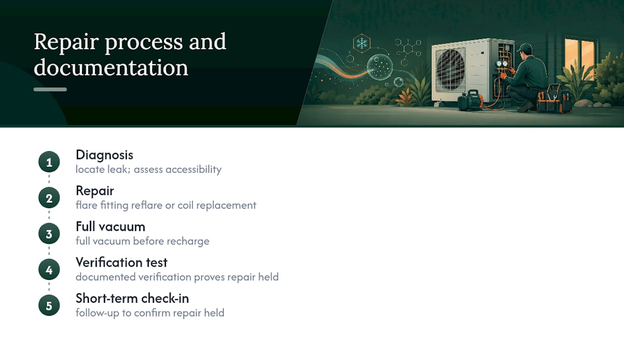 Refrigerant repair and verification sequence