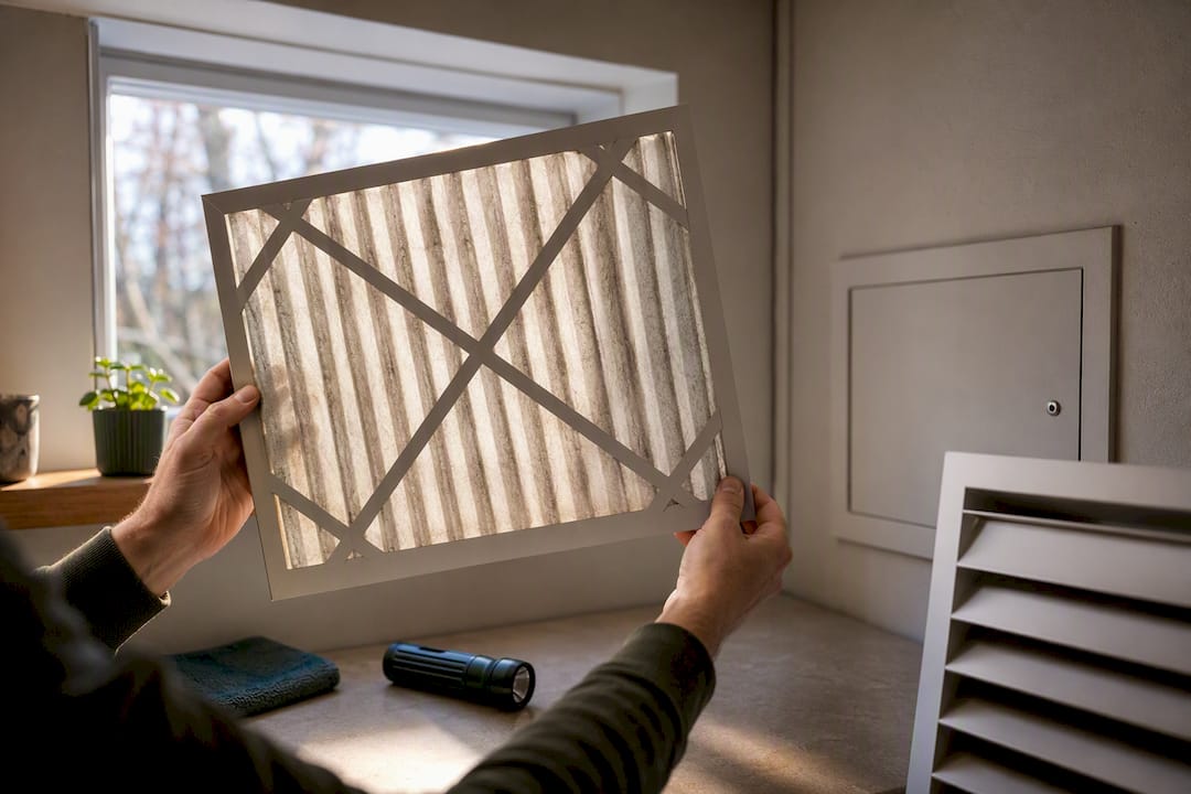 Homeowner checks HVAC filter against daylight