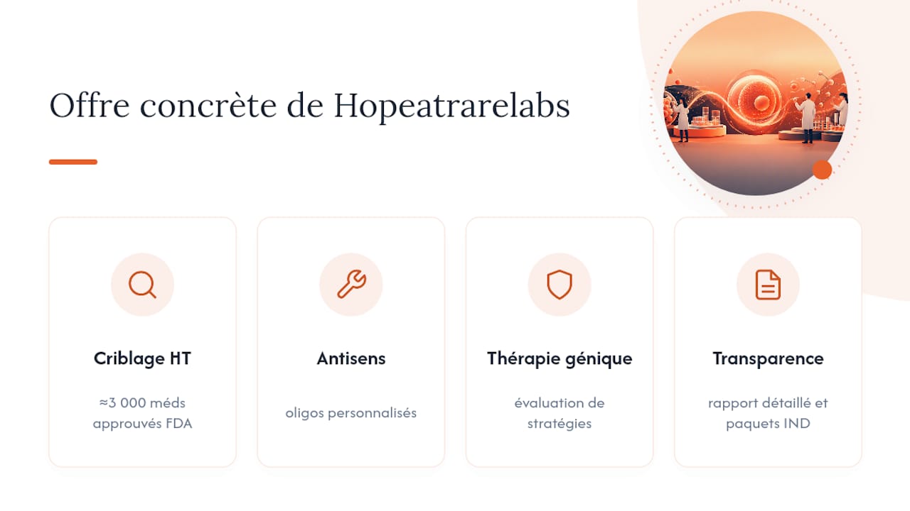 Ce que propose concrètement Hopeatrarelabs aux familles et aux médecins — overview diagram