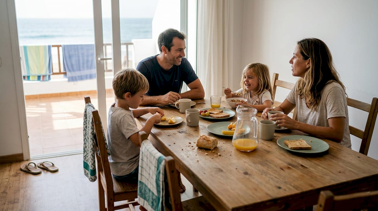 Una familia disfruta de un desayuno juntos en una casa de vacaciones llena de luz.
