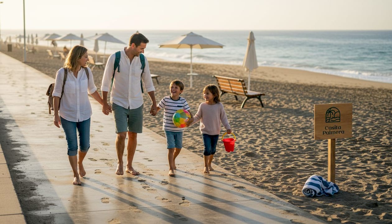 Una familia pasea tranquilamente junto al mar en una playa dentro de la ciudad.