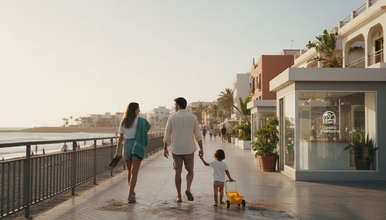 Una familia pasea junto al mar en pleno paseo marítimo.