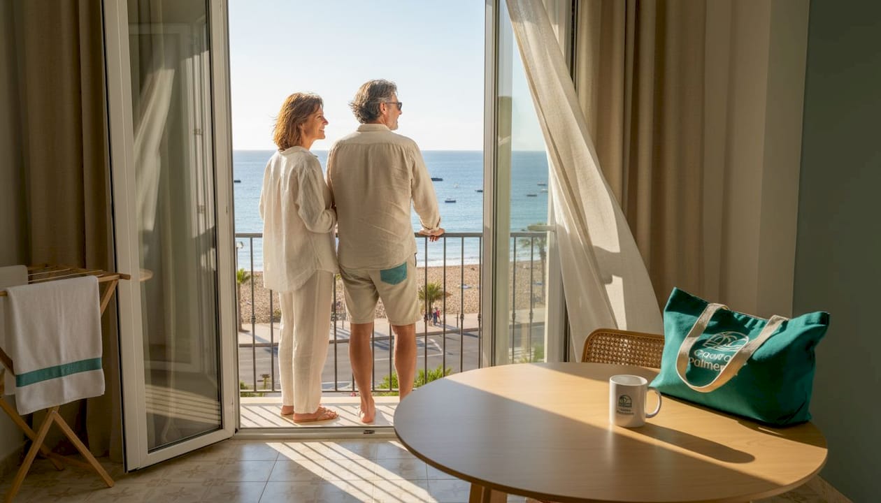 Una pareja disfruta de las vistas al mar desde su apartamento lleno de luz.
