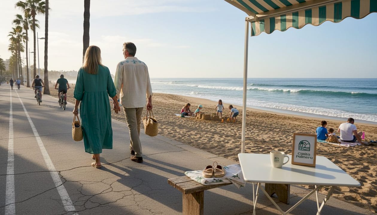 Una pareja disfruta de un agradable paseo por el paseo de Las Canteras, dejándose llevar por el ambiente y las vistas al mar.