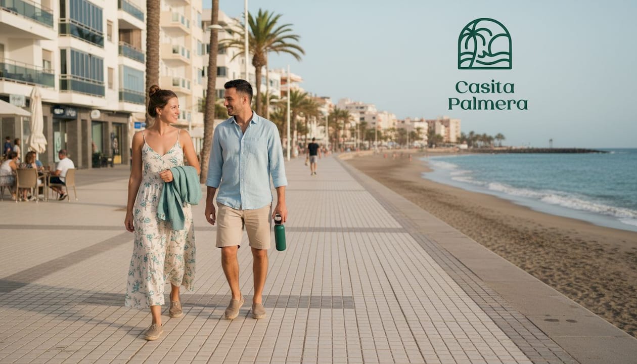 Una pareja pasea tranquilamente por el paseo de la playa de Las Canteras, disfrutando del ambiente y las vistas al mar.