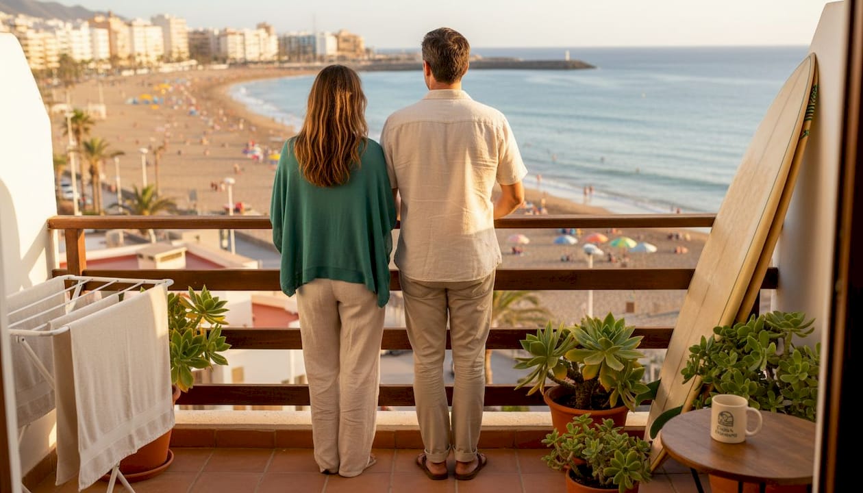 Pareja disfrutando de las vistas a la playa desde un balcón en Las Canteras