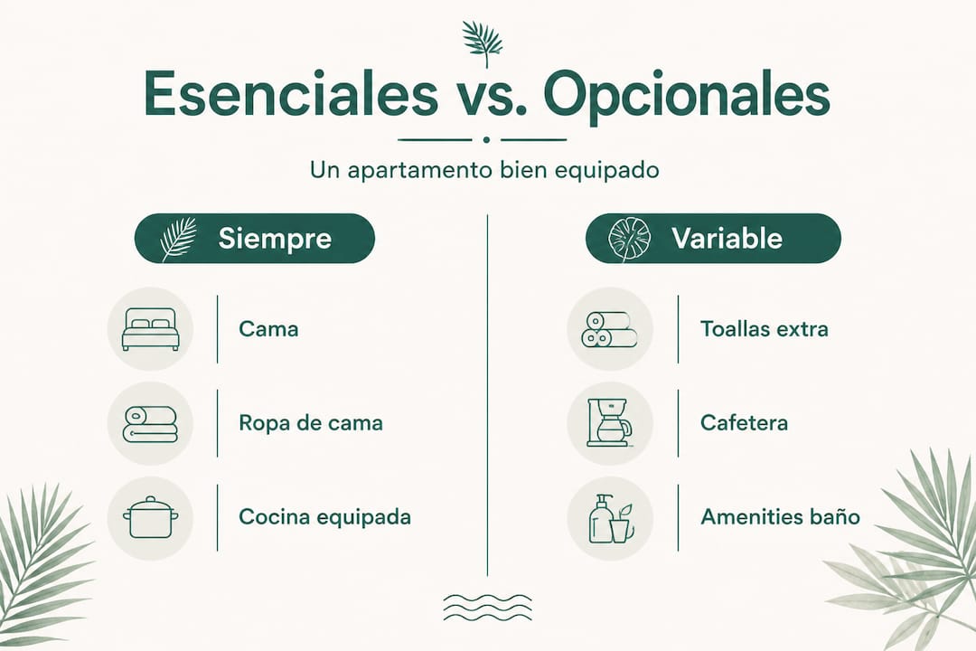 Infografía que muestra la diferencia entre lo imprescindible y lo adicional en un apartamento amueblado