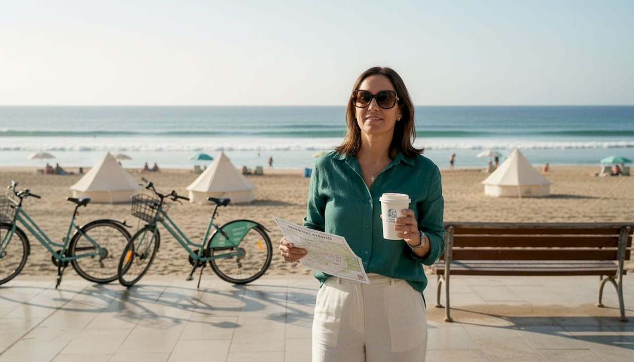 Una mujer consulta el plano de la playa mientras pasea por el paseo marítimo.