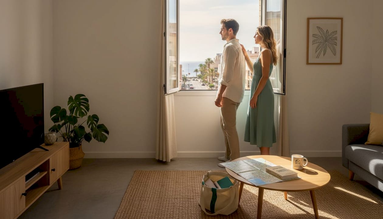 Una pareja del barrio disfruta de las vistas a la ciudad desde su apartamento.
