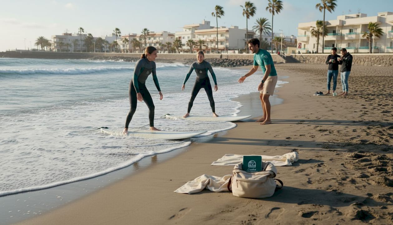 Un monitor de surf enseña a quienes se inician en la playa de Las Palmas.