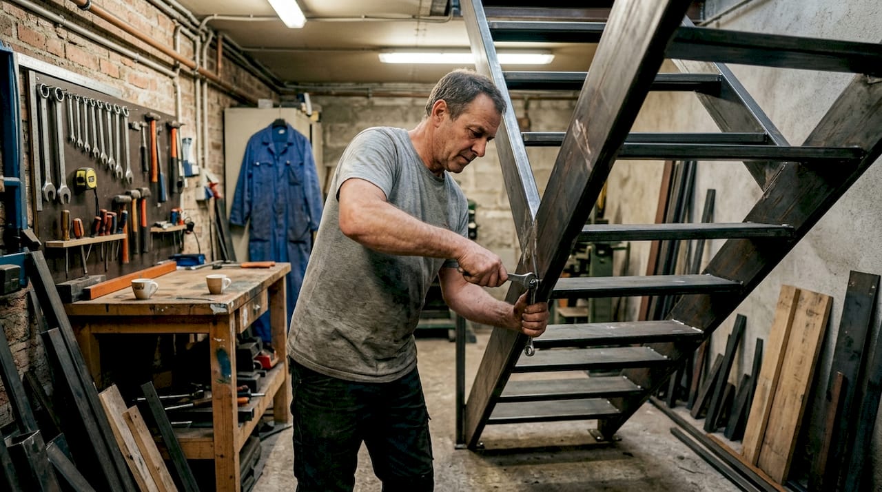 Artisan en pleine création d’un escalier en acier recyclé